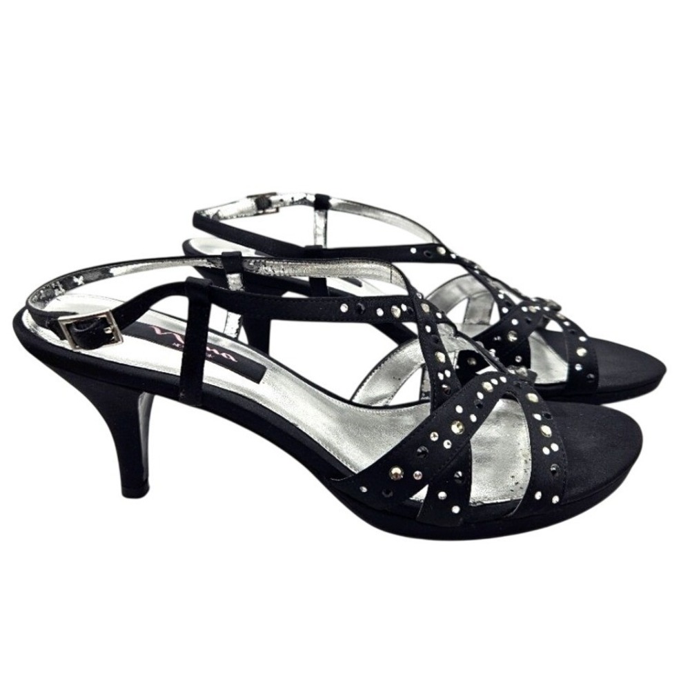 Nina New York‎ Black Satin Rhinestone Strappy Kitten Heel Sandals Womens 9.5M